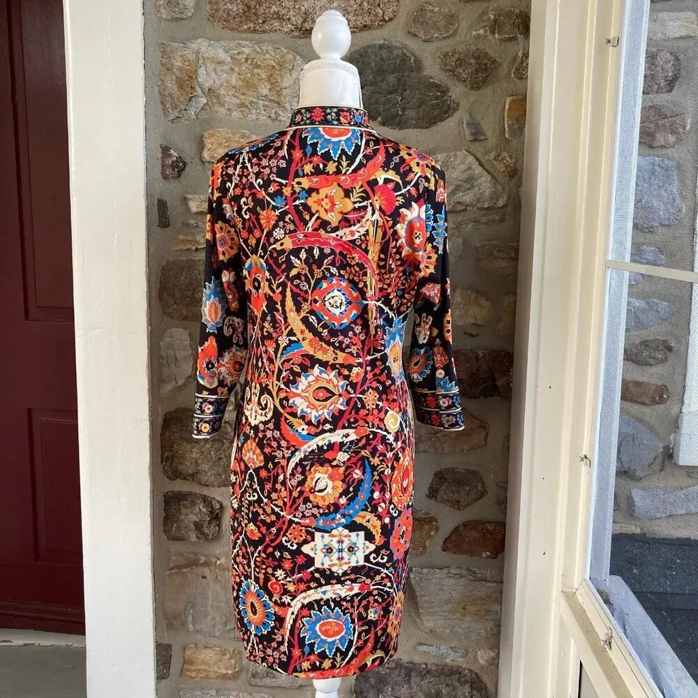 GRETCHEN SCOTT JERSEY MANDARIN DRESS MAGIC CARPET BLACK MULTI $189 Womens Small - Picture 6 of 11